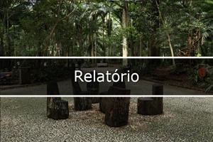 imagem dentro parque Maps, contem 6 banquinhos feito com tronco de árvores e no fundo contém várias arvores. No meio da foto escrito Relatório.